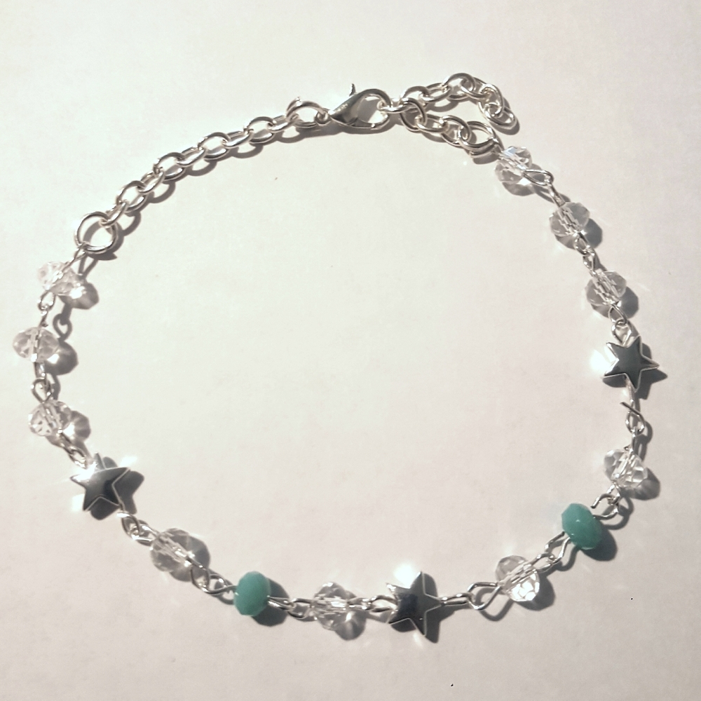 Silver Stars Aqua & Clear Crystal Anklet/Bracelet